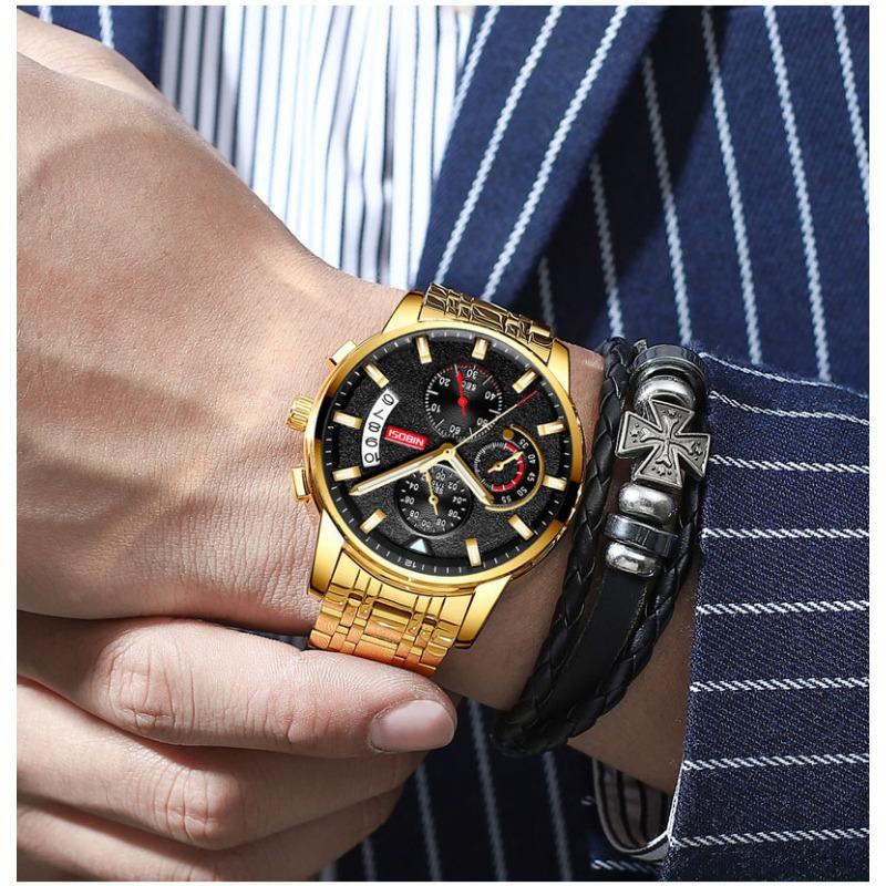 NIBOSI Watch Мужские водонепроницаемые светящиеся многофункциональные кварцевые часы из нержавеющей стали Студенческие часы