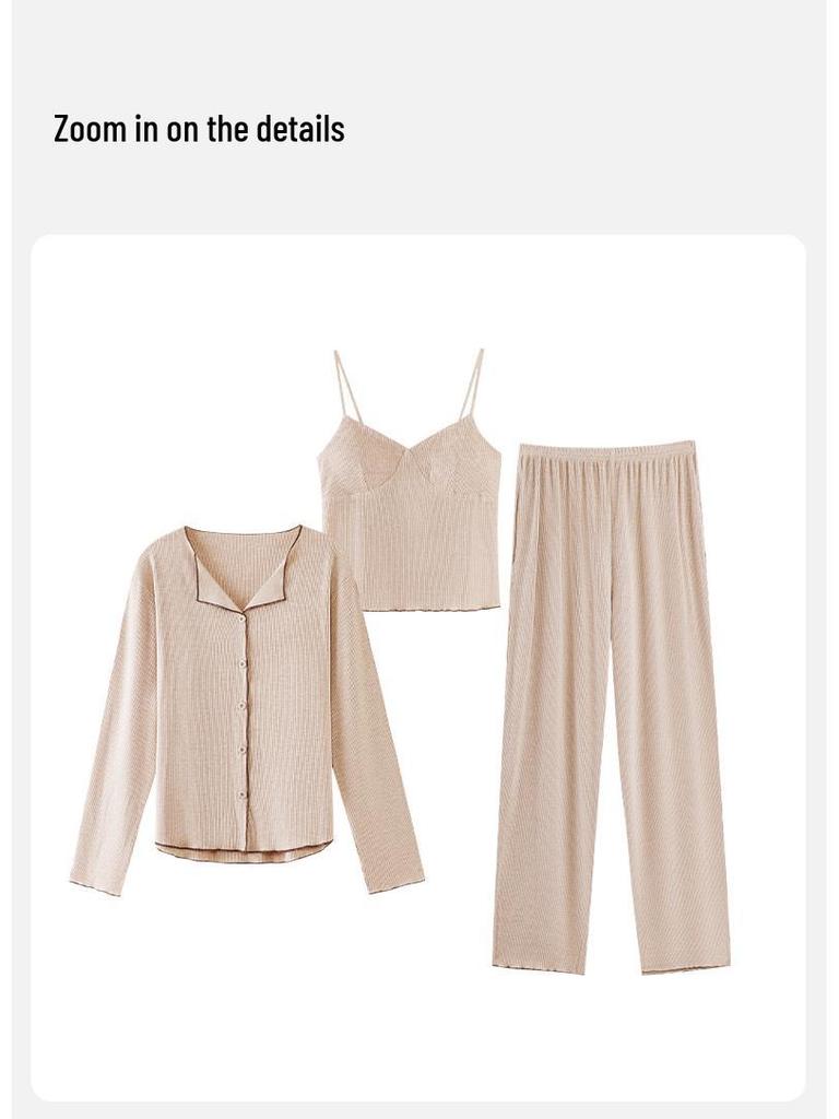 Женский модальный пижамный комплект с длинным рукавом, с вкладышами для бюстгальтера, майкой и брюками, осенне-зимний комплект из 3 предметов, подходит для улицы.