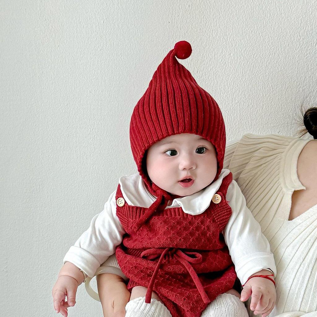 Cute Baby Winter Ear Protection Cap Solid Color Pompom Knitted Lacing Hat Windproof Warm Infant Toddler Earmuffs Beanie