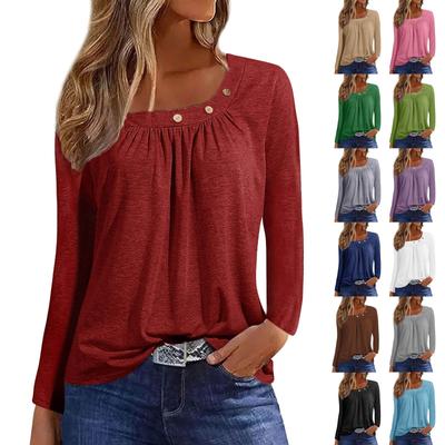 Блузки с длинным рукавом для женщин, повседневная рубашка на пуговицах с круглым вырезом, однотонная блузка, топы, свободная посадка, осенняя рубашка, топ