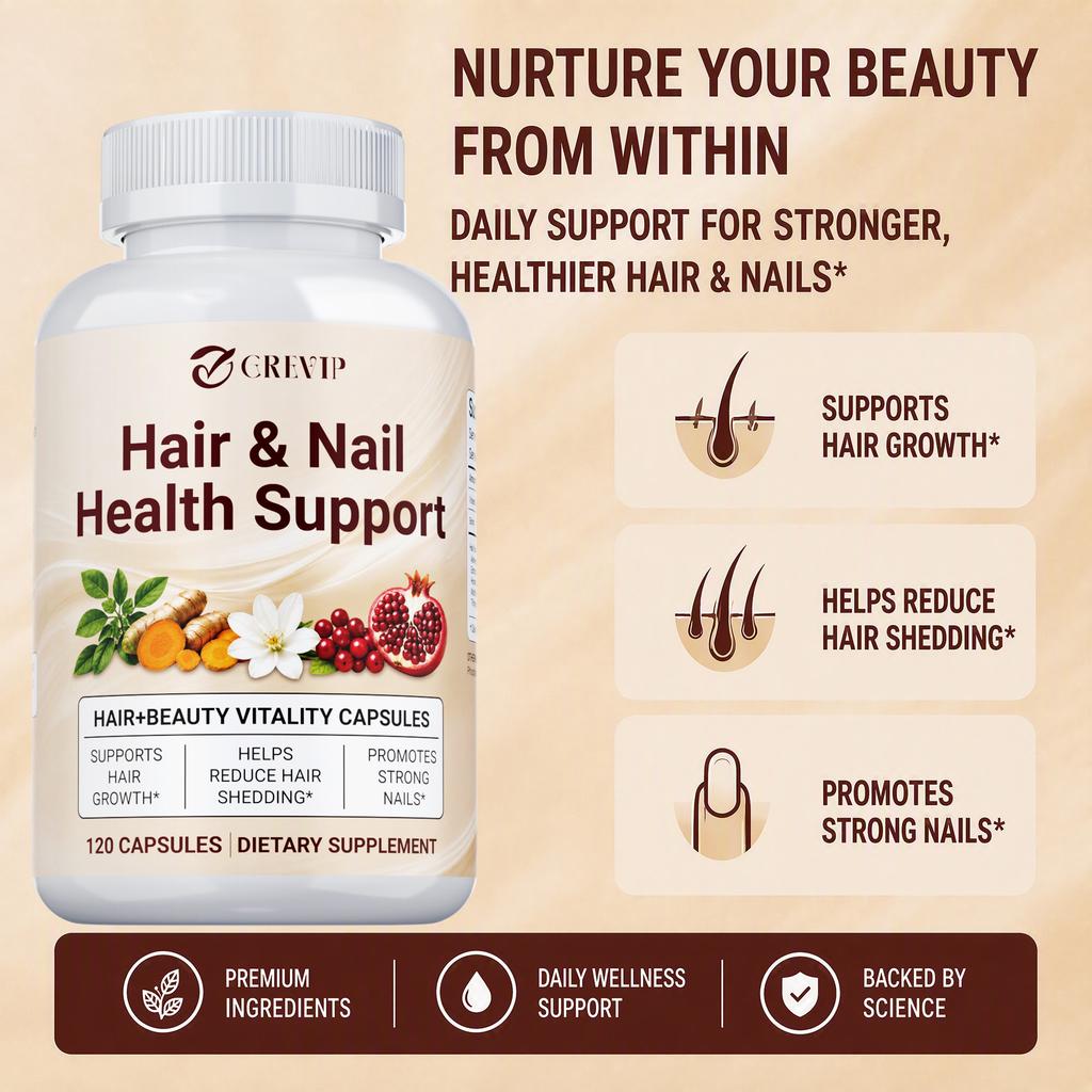 Hair & Nail Health Support Capsules 120 Count — Biotin & Vitamins, Daily Wellness, Beauty Supplement
