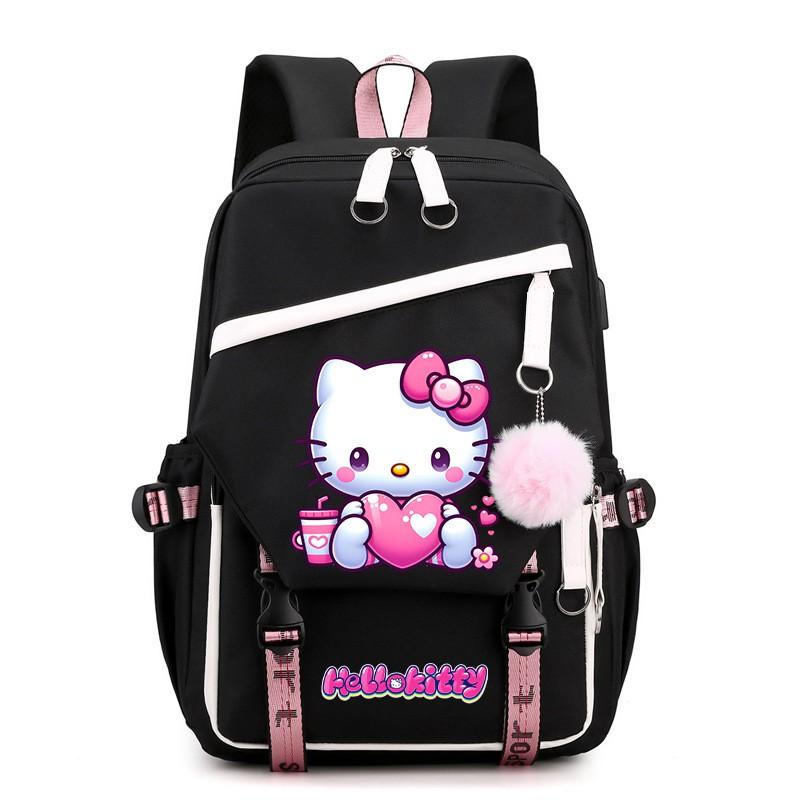 Kitty Cartoon School Backpack Teen Girls Kids Lightweight Oxford Fabric Bookbag With Padded Shoulder Straps 20-35L Capacity