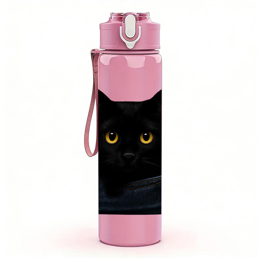1PC Black Cat Denim Pocket Hidden 750ml Color Plastic Sports Water Bottle Leakproof Flip Straw Lid Suitable for Sports Office Home Use