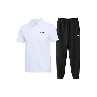 Li Ning однотонный свитер с логотипом и короткими рукавами, поло, средняя талия, прямые штанины, манжеты, повседневный спортивный костюм, мужские костюмы AKLT649-1+APLT181-2