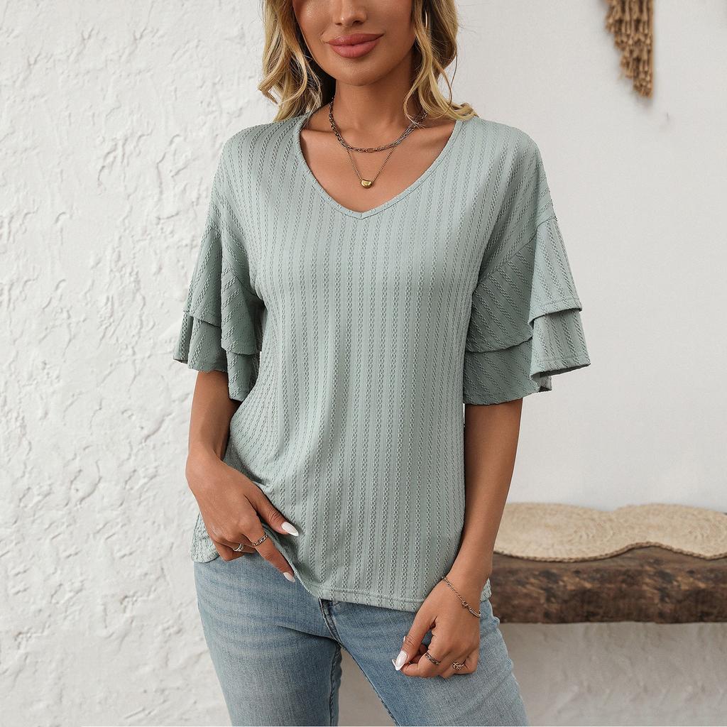 Women's Fashion Solid Color V-Neck Ruffle Sleeve Short Sleeve T-Shirt Top
