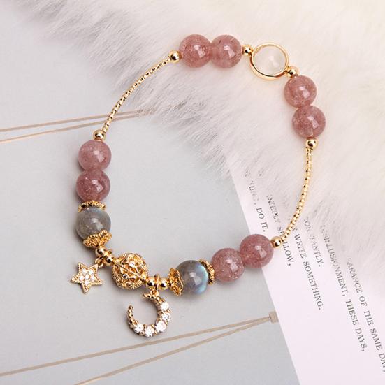 Женский браслет гладкий бисер полированный кулон звезда луна стразы регулируемый шопинг работа