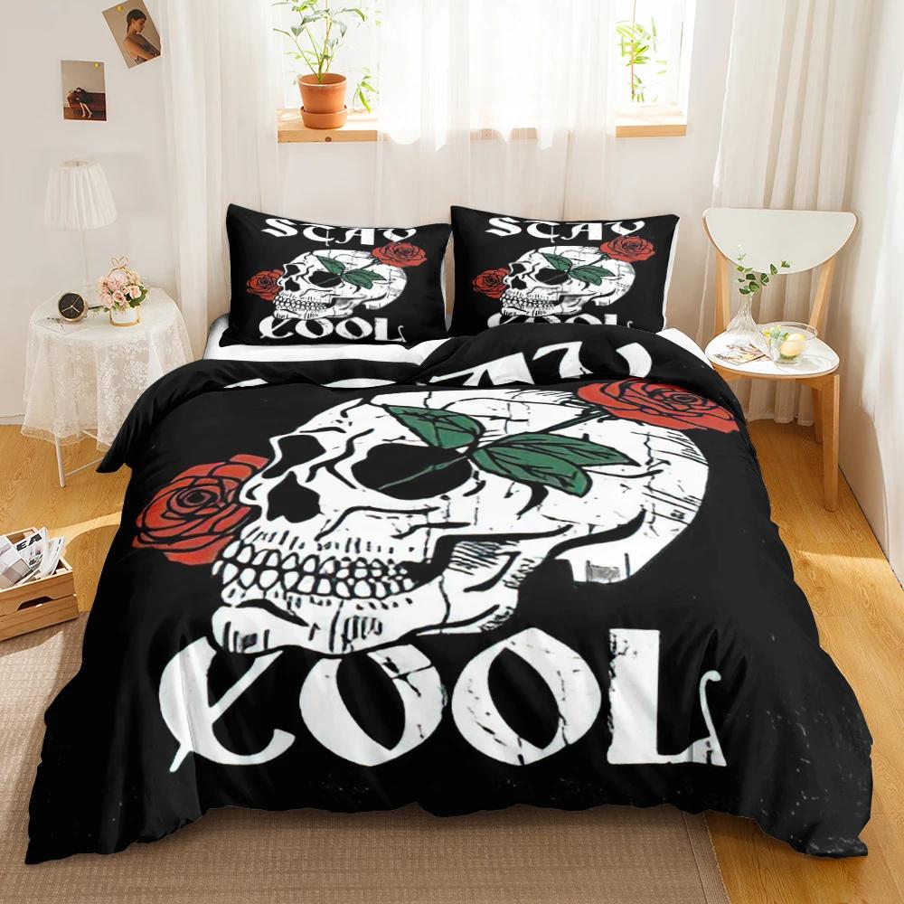 Skull Duvet Cover Queen Size Gothic Skeleton Bedding Set Rose Flower Polyester Comforter Cover For Kids Teens Adults Halloween