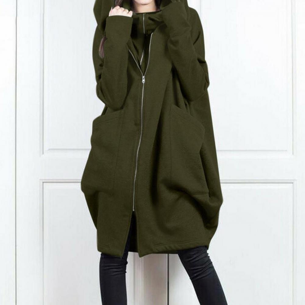 Women Hooded Long Sleeve Sweatshirt Coat Zipper Placket Big Pockets Fake Two Pieces Solid Color Mid-length Hoodie Jacket