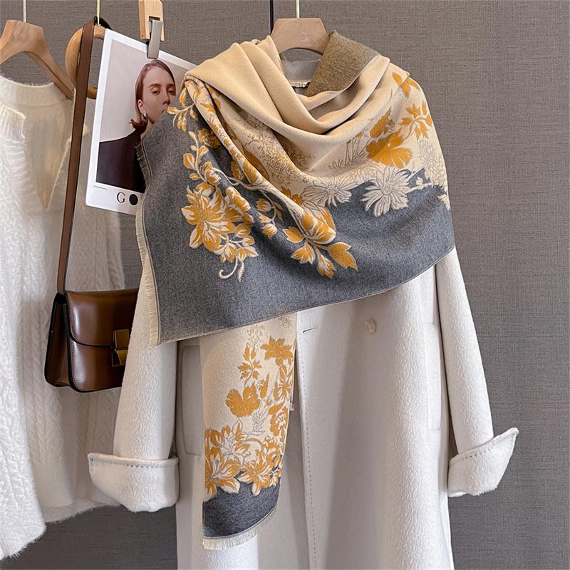 Winter New Luxury Two-Sided Faux Cashmere Scarf Women Floral Print Outdoor Warm Thick Shawl Soft Muffler Neckerchief