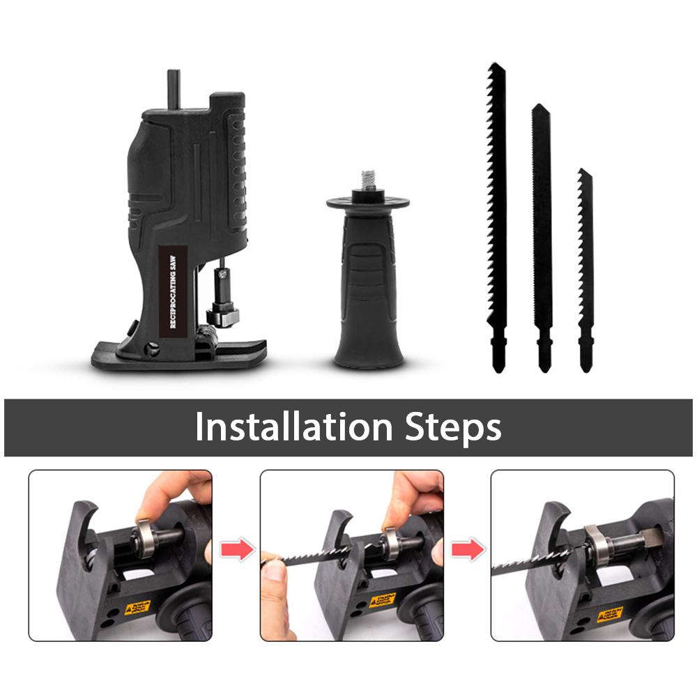 Portable Reciprocating Saw Adapter Multifunctional Electric Drill Modified Tool Attachment with Ergonomic Handle 3 Saw Blades for Wood Metal Cutting