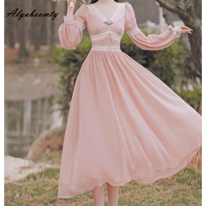 Весенне-осеннее женское сказочное розовое платье миди с v-образным вырезом, кружевное лоскутное платье с бантом и цветочным принтом, элегантное женское шифоновое платье трапециевидной формы