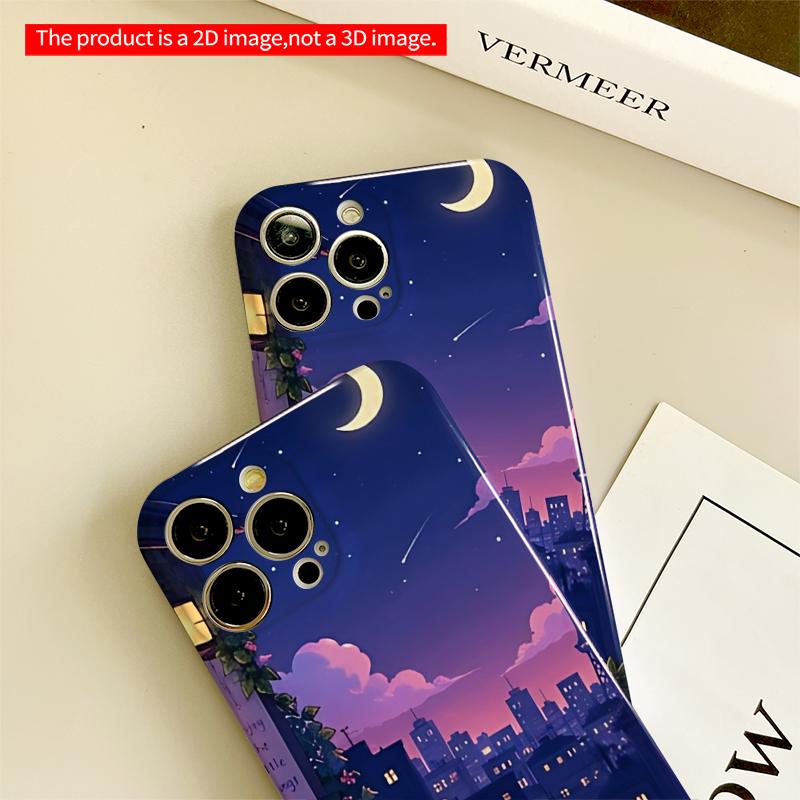 2DFlat Cute Cat Under Moonlit Sky Phone Case All inclusive film hard iPhone case, compatible with iPhone 18 Pro Max 17 16 15 14 13 12 11