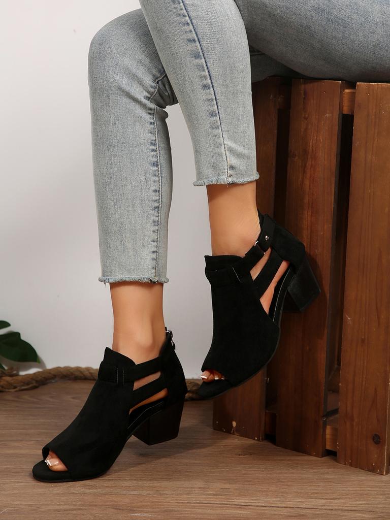 Women Sandals  Chunky High Heels Soild Gladiator Open Peep Toe Women Black Shoes Buckle Back Zipper Sandalias De Mujer