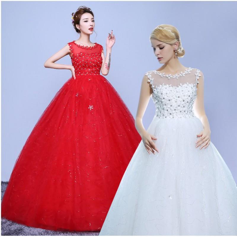 Elegant One-Shoulder High-Waist Floor-Length Wedding Dress Bride Maternity Red White Lace Bridal Gown