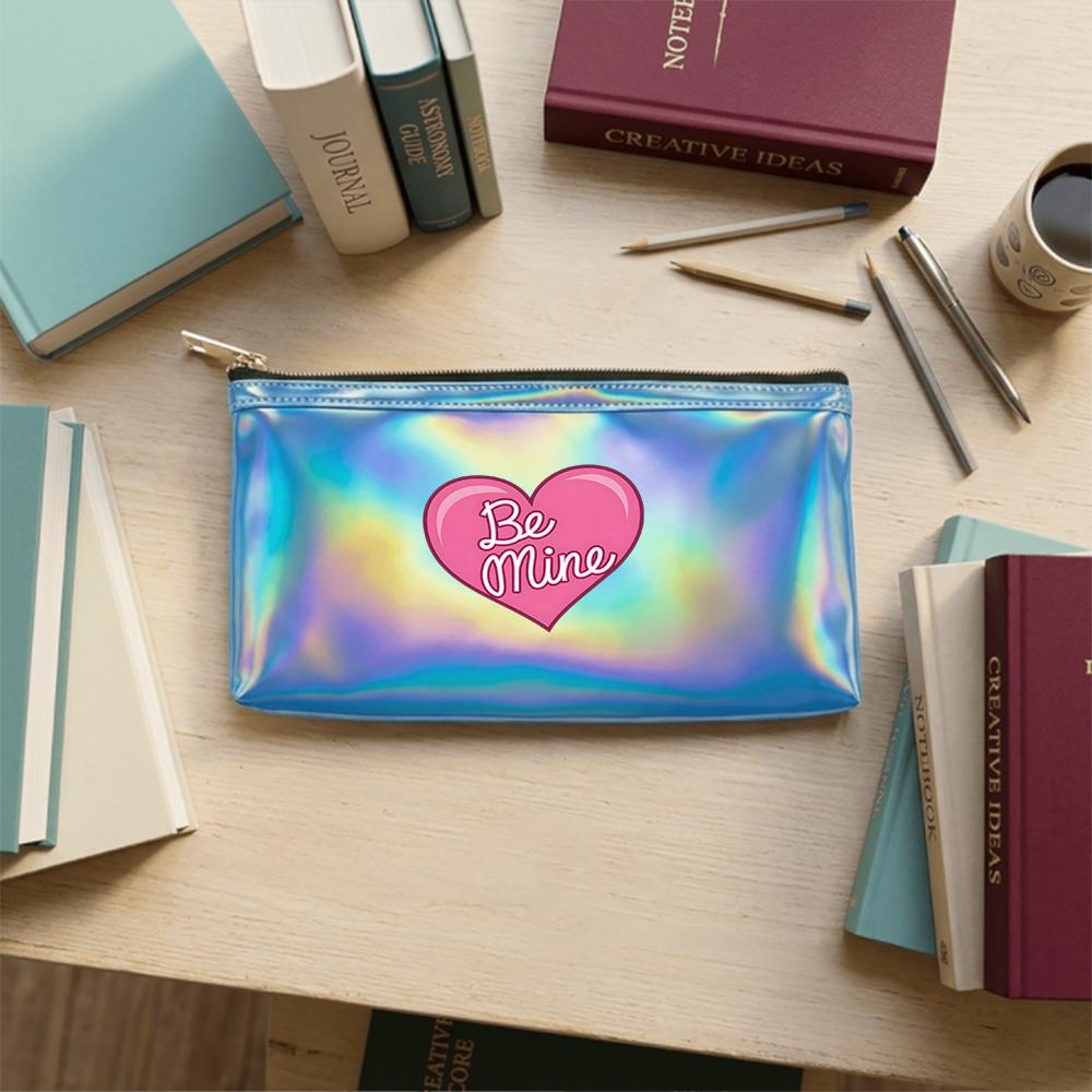 Pink Heart Love Print Laser Cosmetic Makeup Bag Holographic Zipper Pouch, PortableTravel Toiletry Organizer for Girls Valentine Gift