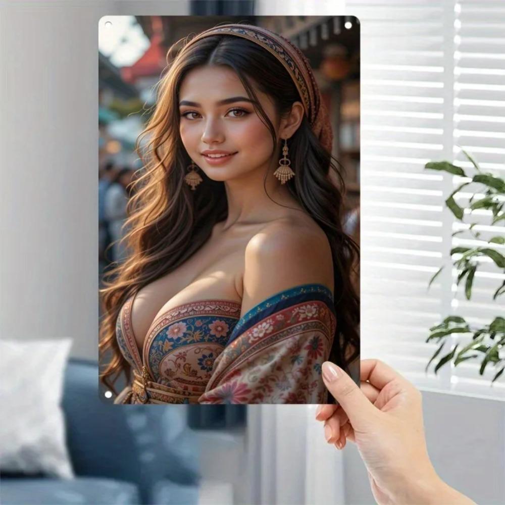 Богемное Металлическое Настенное Искусство Винтажная Железная Вывеска с Портретом Женщины с Коричневыми Волосами Постер для Декора Дома, Кафе, Бара Подарок