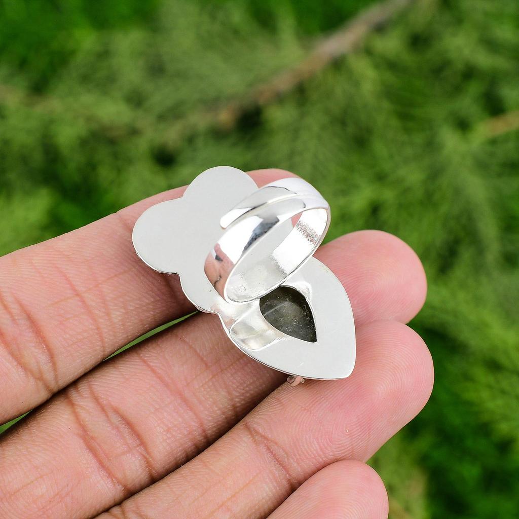 Labradorite Stone 925 Sterling Silver Flower Statement Anniversary Bezel Ring