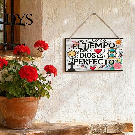Handmade Wood Hanging Sign Spanish Religious Prayer Wall Ornament with Rose Cross Flower, Living Room Ornaments Wooden Decorative Pendant for Bedroom