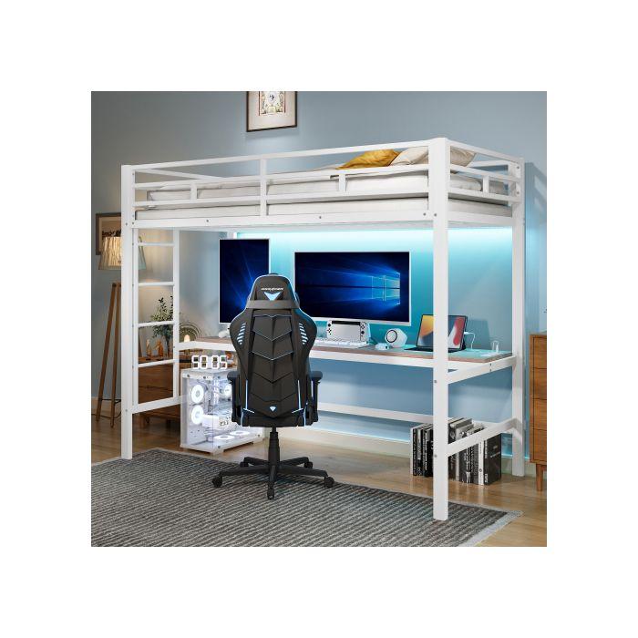 Lit mezzanine - MUVOE - selon EN747 - 90x200 cm - métal blanc - LED multicolore, prises USB/Type‑C