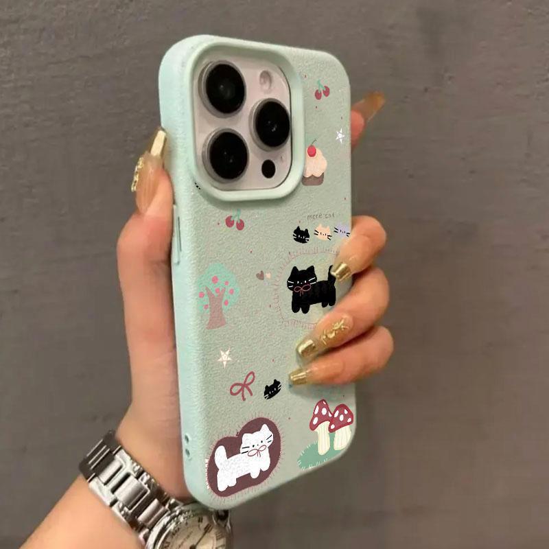 Чехол для телефона из мягкого материала с текстурой личи для Apple 17 Pro Max, 16 Pro, 15, 14 - Дизайн «Котенок с тортом»