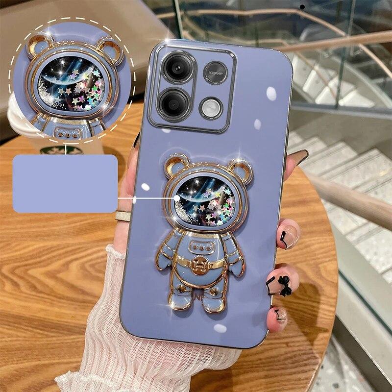 Чехол с 3D зыбучим песком и космическим медведем для Redmi Note 13 4G 5G, гальванический мягкий силиконовый милый чехол-кронштейн для Xiaomi Redmi Note 13 Pro Plus 12 Pro 11 10