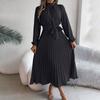 Women's Fashion Retro Solid Color Long Sleeve Waist Pleated Skirt Stand Collar Pullover Dress