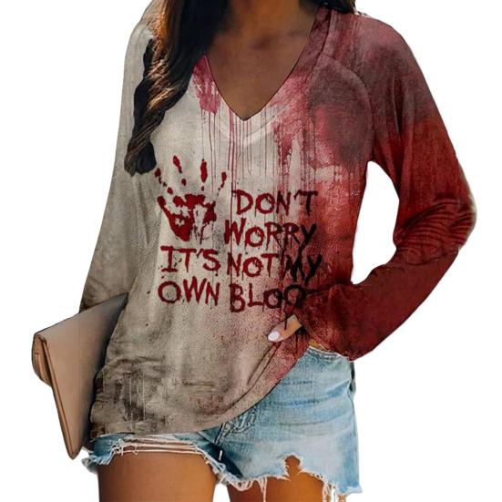 Женская футболка с V-образным вырезом и длинным рукавом с принтом «кровавые буквы», свободный крой, пуловер на Хэллоуин, топы, уличная одежда