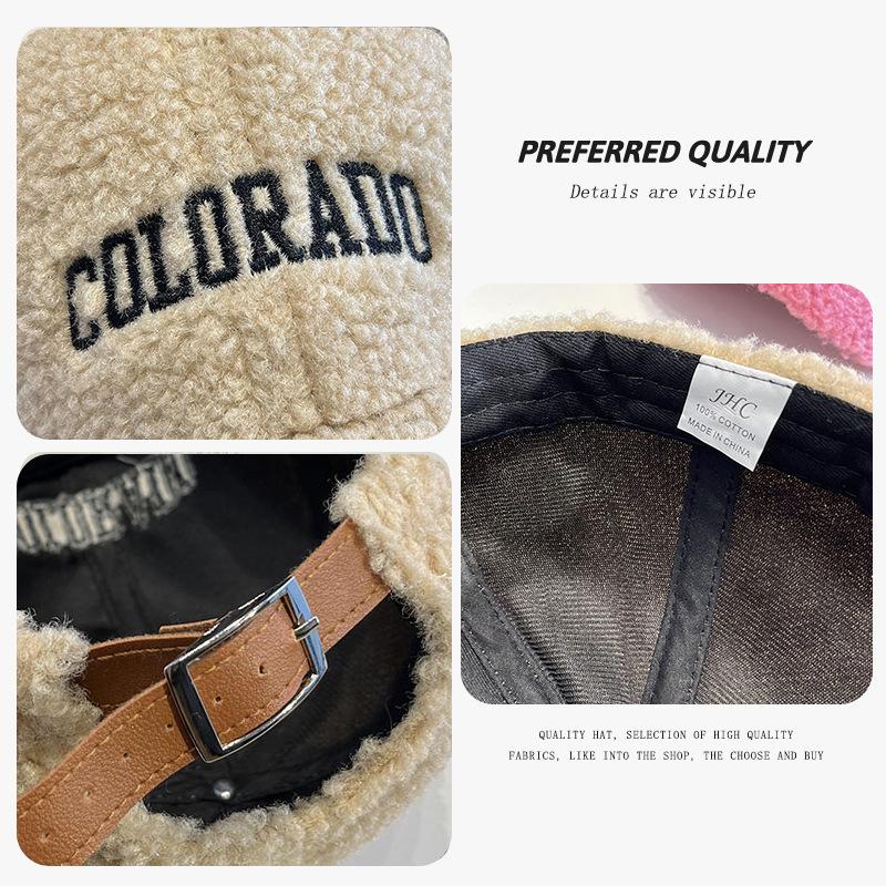Lamb Plush Baseball Cap Women's Autumn and Winter Tide Wide Brim Versatile Windproof Warm Letter Embroidered Cap