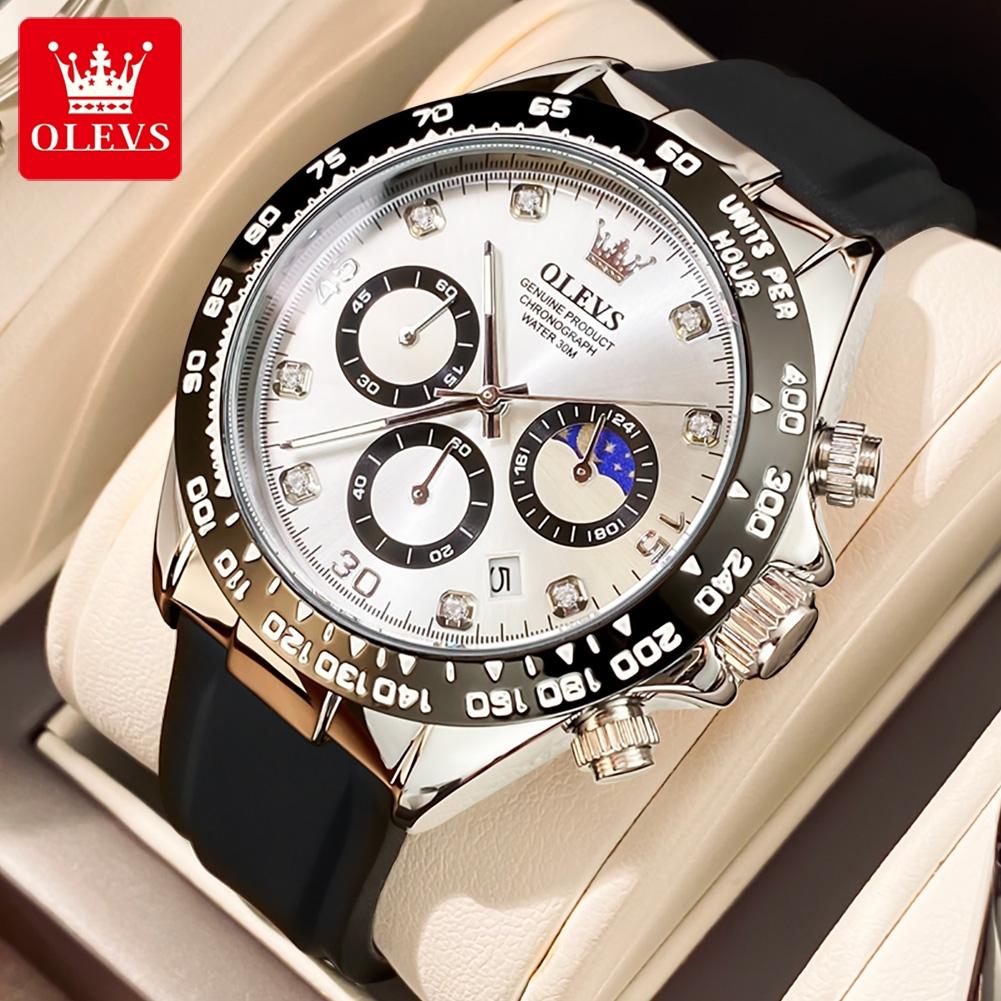 OLEVS Watches for Men Analog Quartz Watch Silicone Diamond Waterproof Luminous Moon Phase Chronograph Watches Relogio Masculino