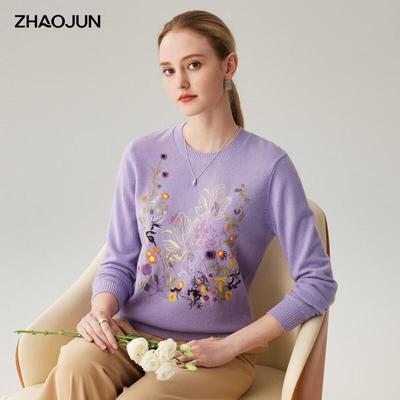 Женский трикотажный свитер Zhaojun из 100% кашемира с вышивкой и круглым вырезом
