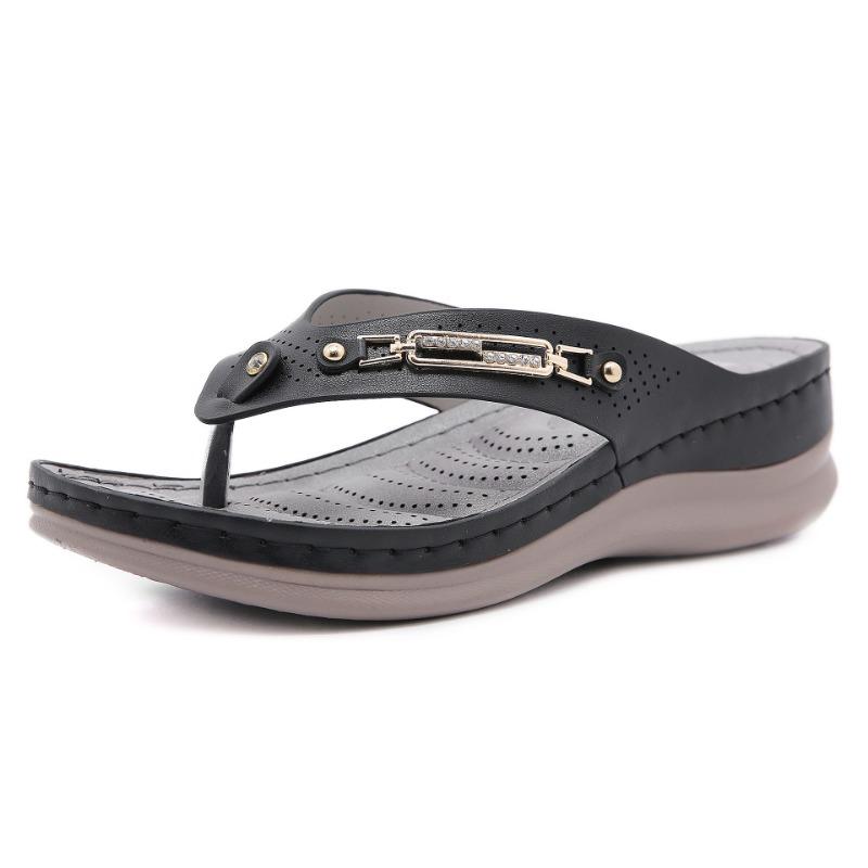 Retro Clip Toe Metal Sandal Slippers Women Car Line Non-slip Slope Heel Hollow Large Size Sandals