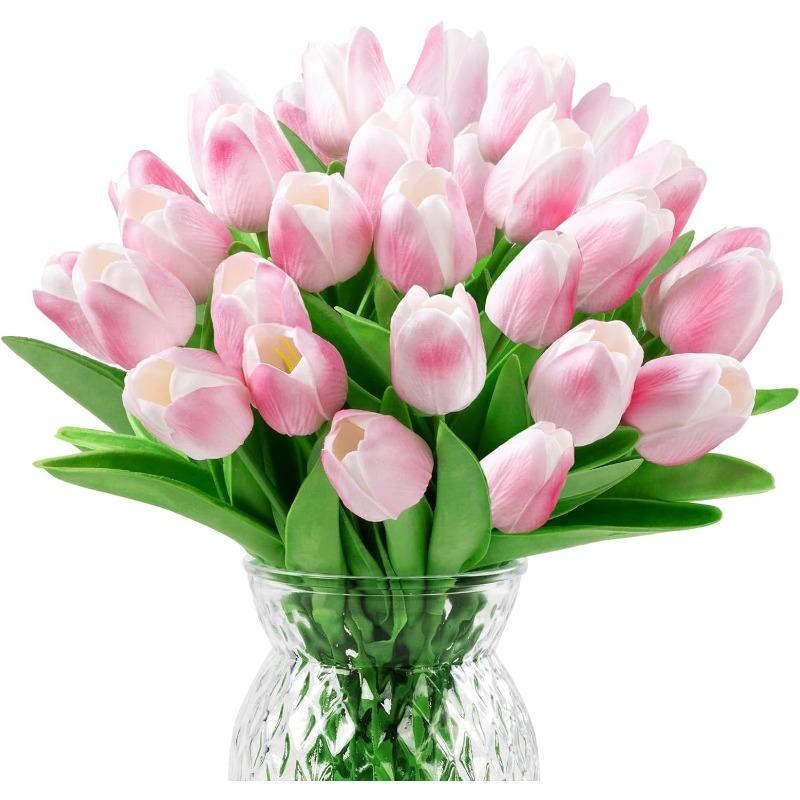 30Pcs Fake Tulips Artificial Flowers with Stems Faux Tulips Bouquet Real Touch Flower for Wedding Home Kitchen Spring Easter Mother's Day
