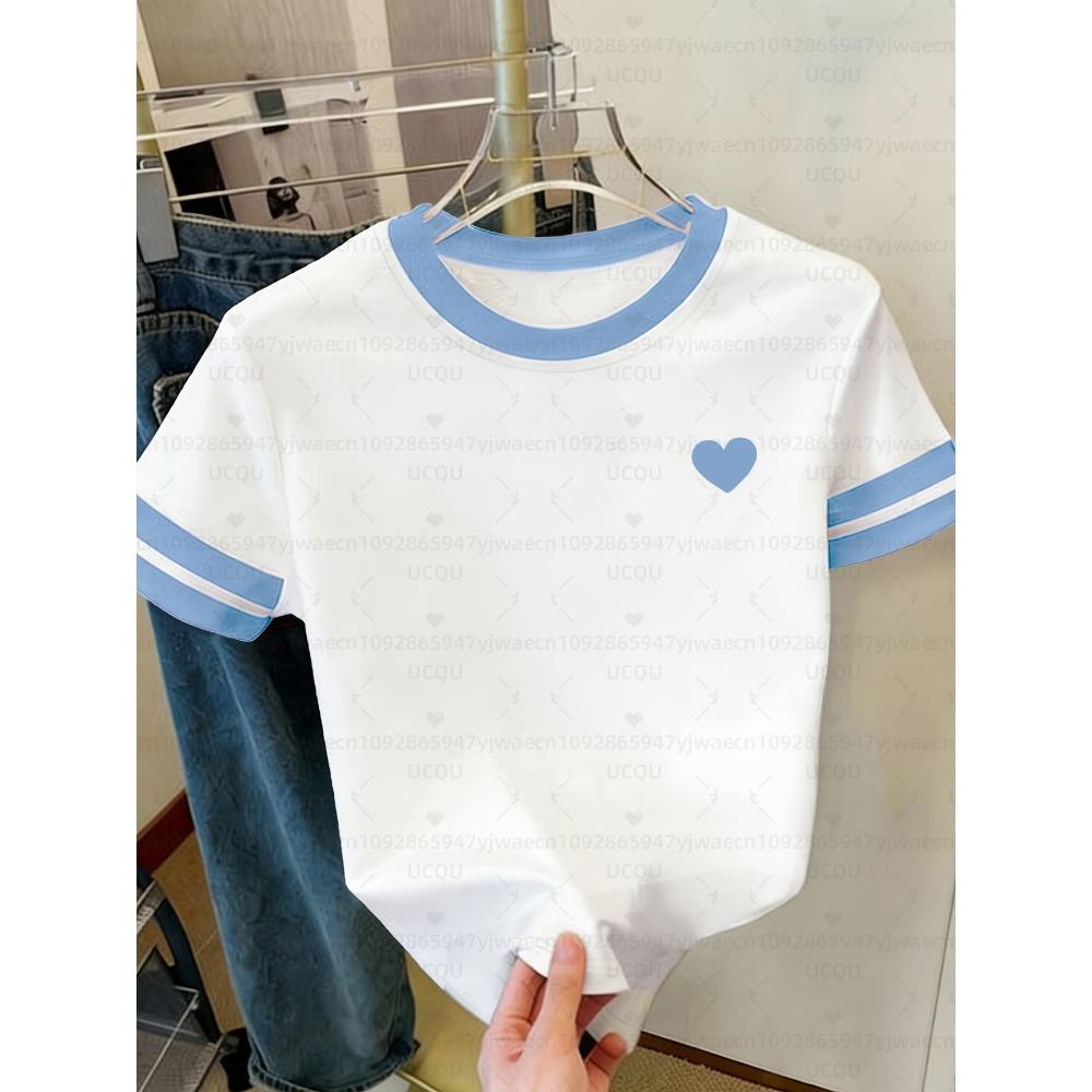 Summer Women Short Sleeve T-Shirt Girl Round Neck Tee Outdoor Sports Adult Valentines Day Red Heart Print T-Shirt Tops
