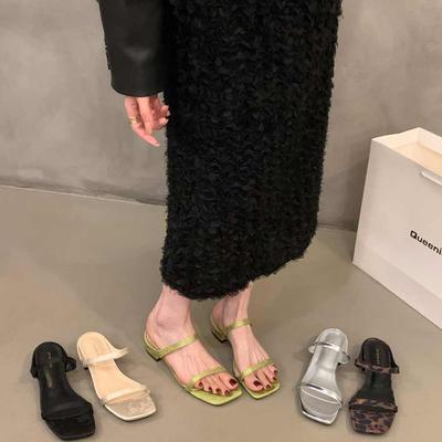 Летние леопардовые женские шлепанцы с квадратным носком, элегантные шлепанцы на низком каблуке, женские уличные пляжные сандалии для платья