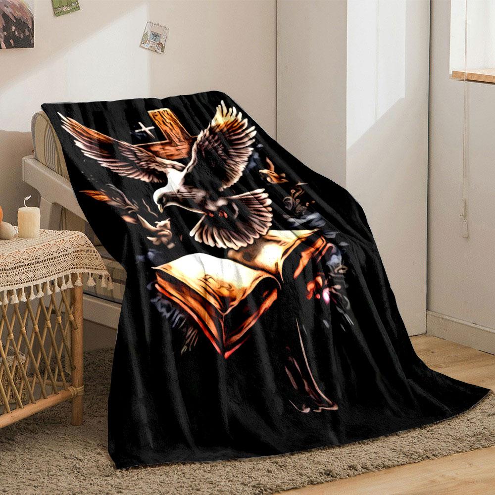 A dove, an open book, and a wooden cross with a glowing background. for all seasons blanket lunch break throw gift