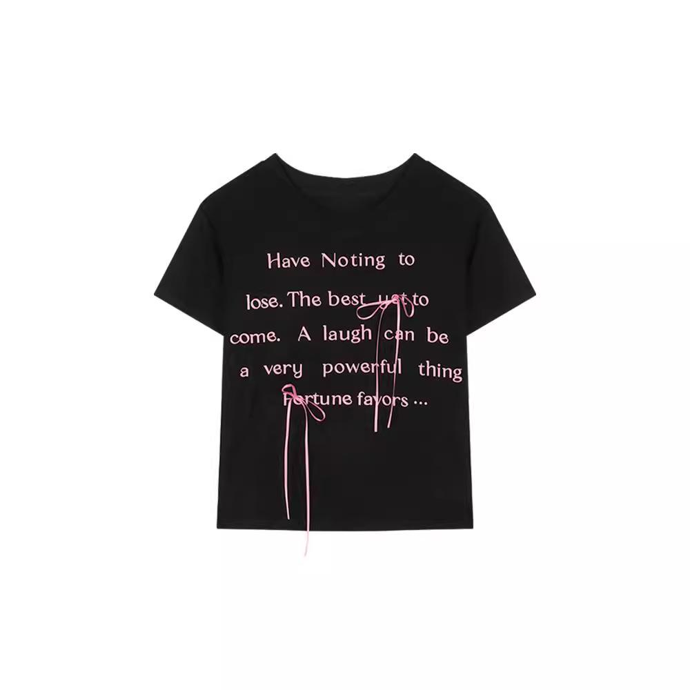 Letter Printed Bow Crew Neck Short Sleeve Shoulder T-Shirt Women's Summer Slim Spice Girl Navel Short Black Top