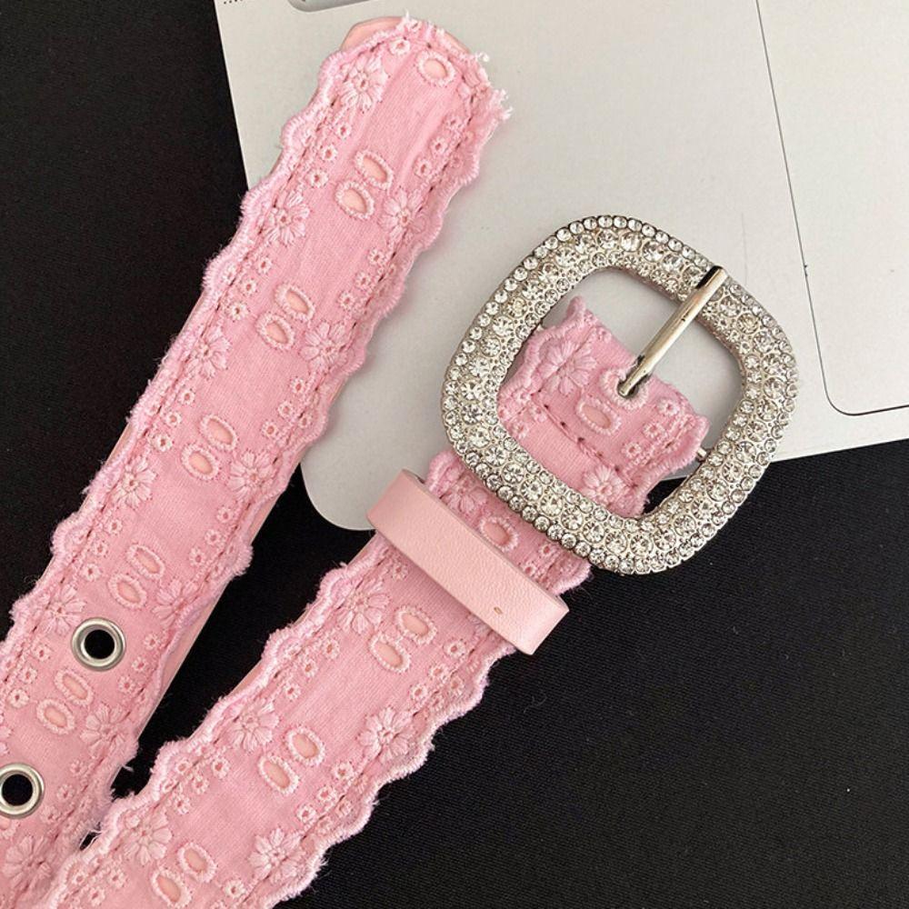 Square Buckle Rhinestone Belt PU Leather Women Waistband Vintage Lace Belt Female