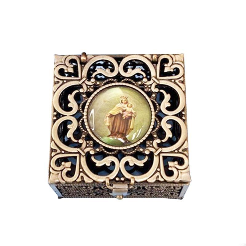 62KD Rosary Bead Box Necklace Metal Christian Catholic Religious Jewelry Case Storage