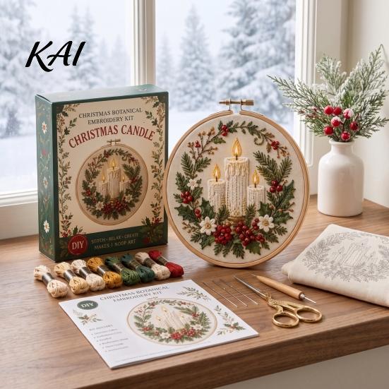 Home Decor Handmade Embroidery Christmas Kit for Beginners, Pre-Printed Pattern Full Set Tree Hanging Ornaments of Tools, DIY Needlework Festive Wall