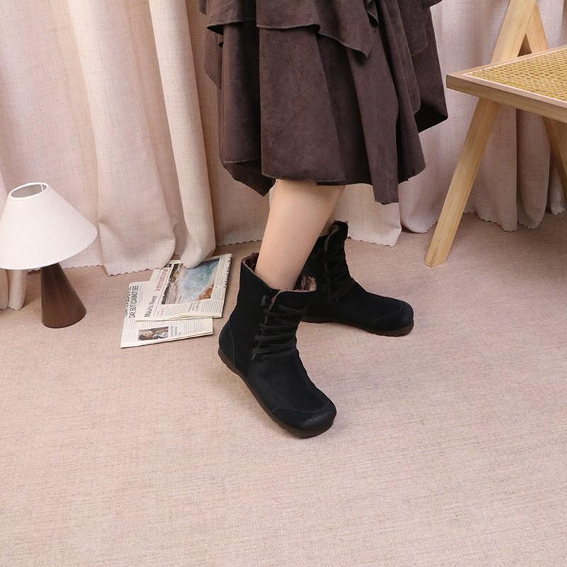 Johnature Плюшевая коровья замша Плюшевые женские полусапоги Ретро шнуровка Теплые на плоской подошве Зимние сапоги