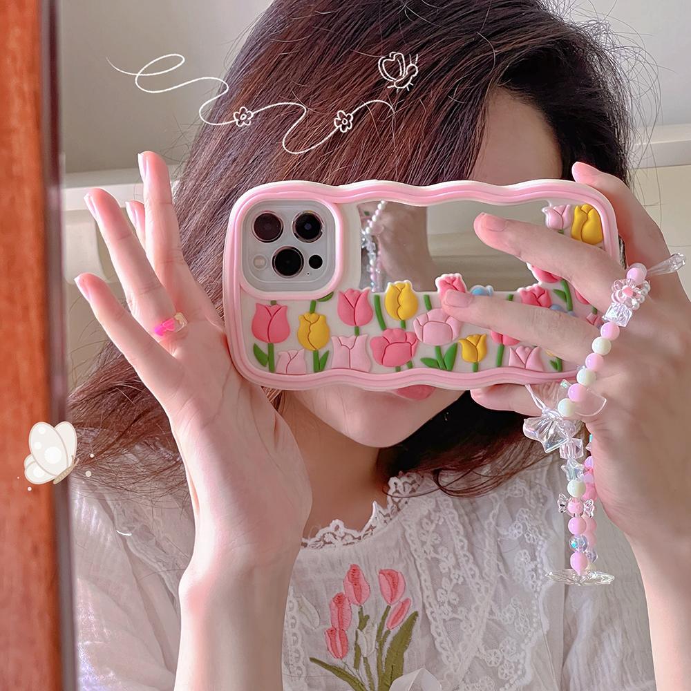 Зеркальный чехол-тюльпан с мультяшным волнистым краем, совместимый для iPhone 14 13 12 Pro Max 11 7 8 Plus X XS XR X Max, стереоскопический силиконовый защитный чехол