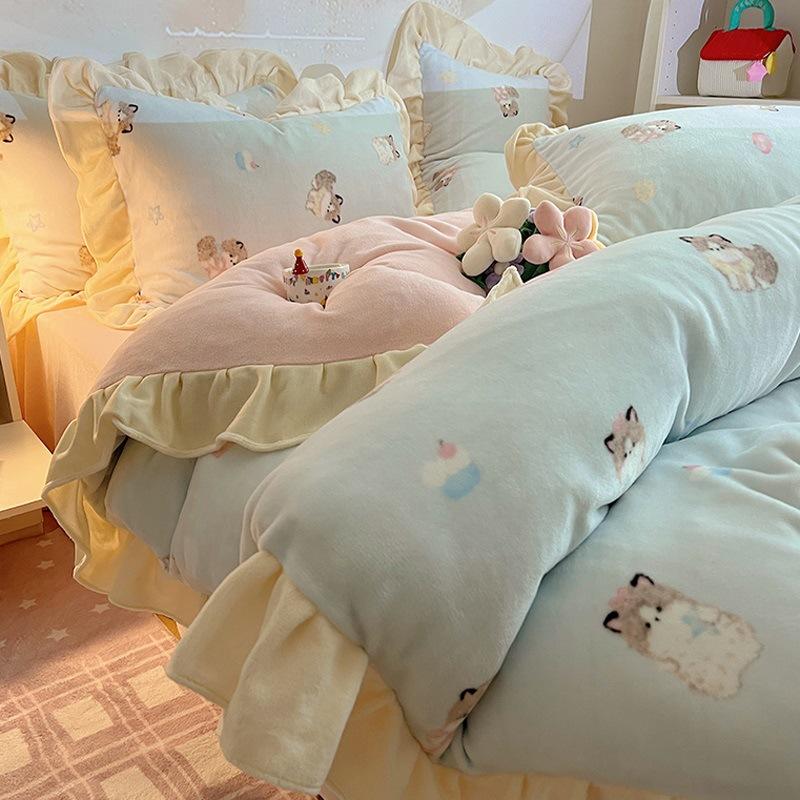 Thickened Milk Fleece Four-Piece Set, Fleece Quilt Cover, Bedding, Coral Flannel Bed Sheet Three-Piece Set