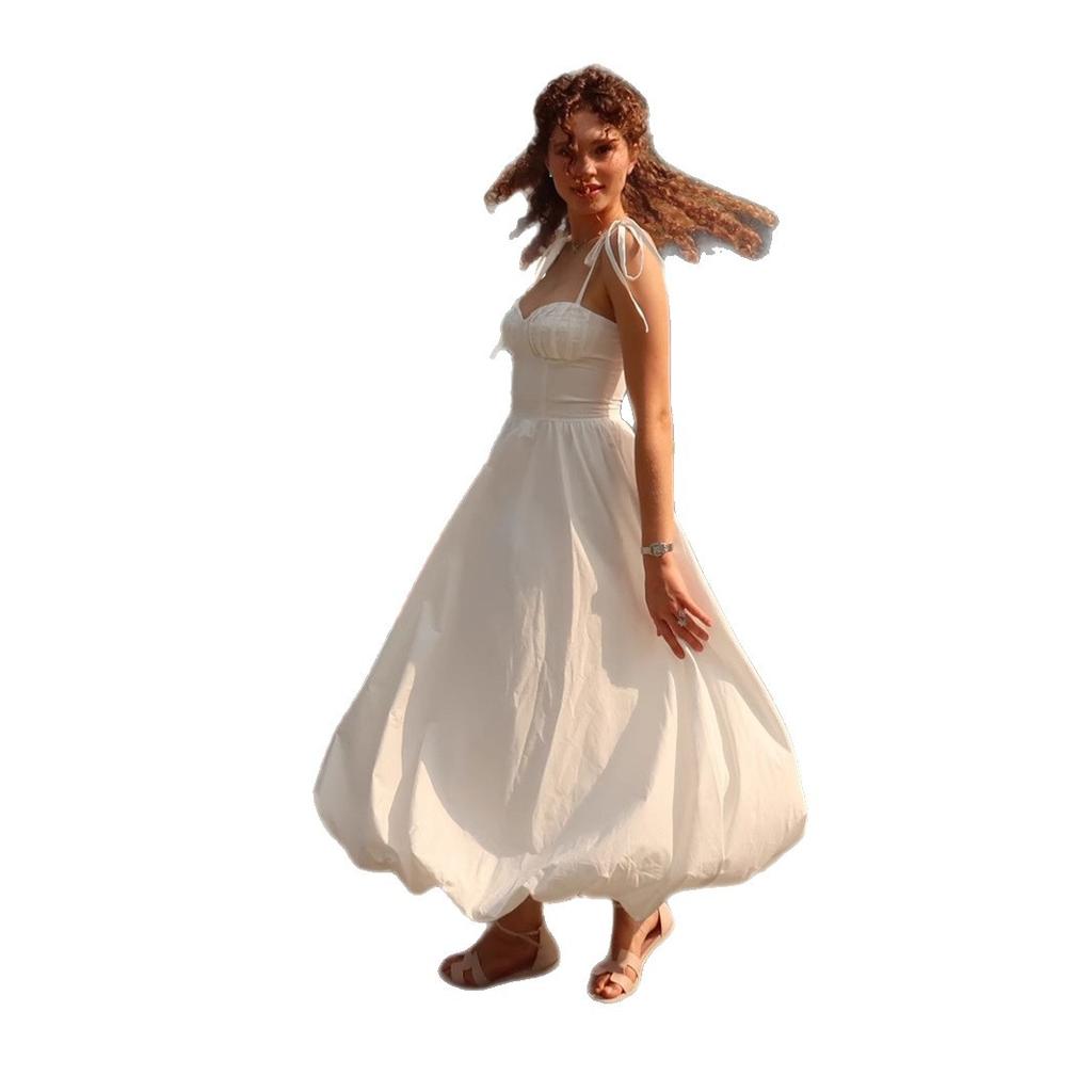 Платье-баллон на бретельках из чистого хлопка Летнее платье-пузырь с поясом в европейском и американском стиле платье из чистого хлопка женское