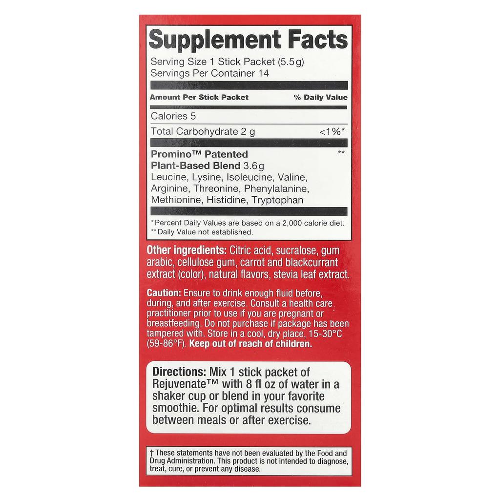Rejuvenate Muscle Activator™, Drink Mix, Raspberry Burst, 14 Stick Packs, 5.5G (0.19Oz) Each