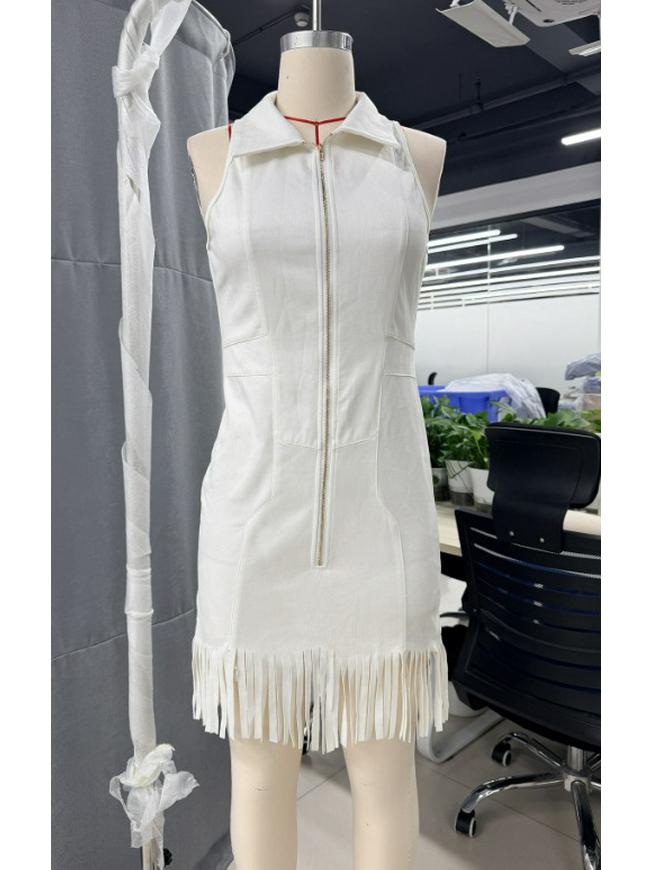 European Sleeveless Off-Shoulder Tassel Zipper Dress