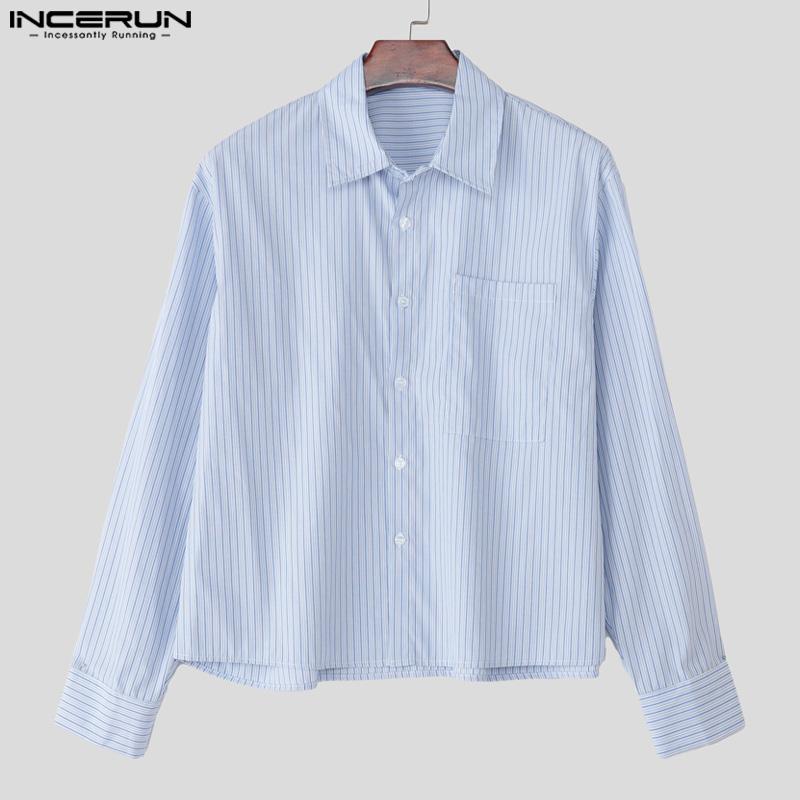 INCERUN S-XXXXXL Men Lapel Neck Long Sleeve Striped Casual Loose Shirts Tops