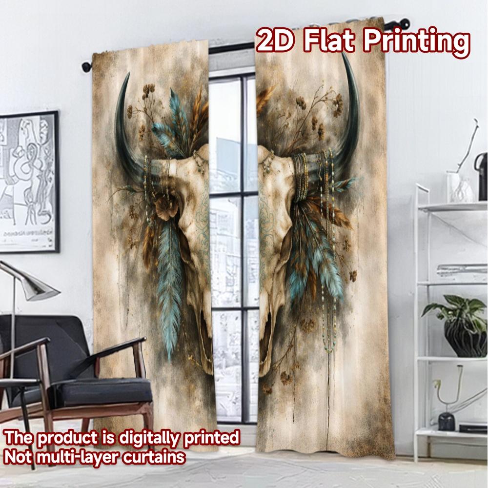 2D FLAT PRINTING 2pcs Curtains (Without Rod) Boho Skull with Feathers Modern Curtain Modern Semi-Sheer Curtains weet Use for
