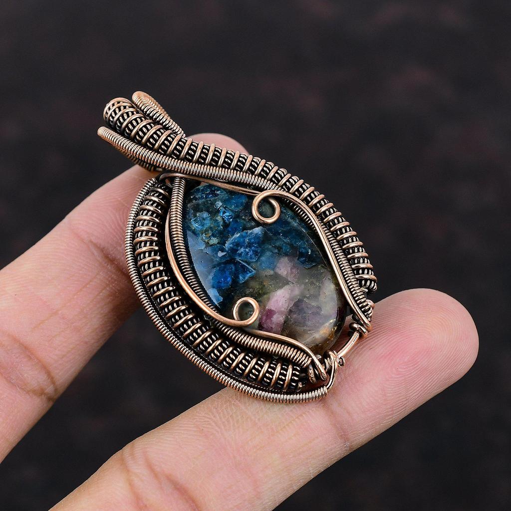 Подвеска с арбузным турмалином, обернутая медной проволокой, кулон ручной работы, оригинальный кулон из драгоценных камней, медная проволока, подарок на помолвку