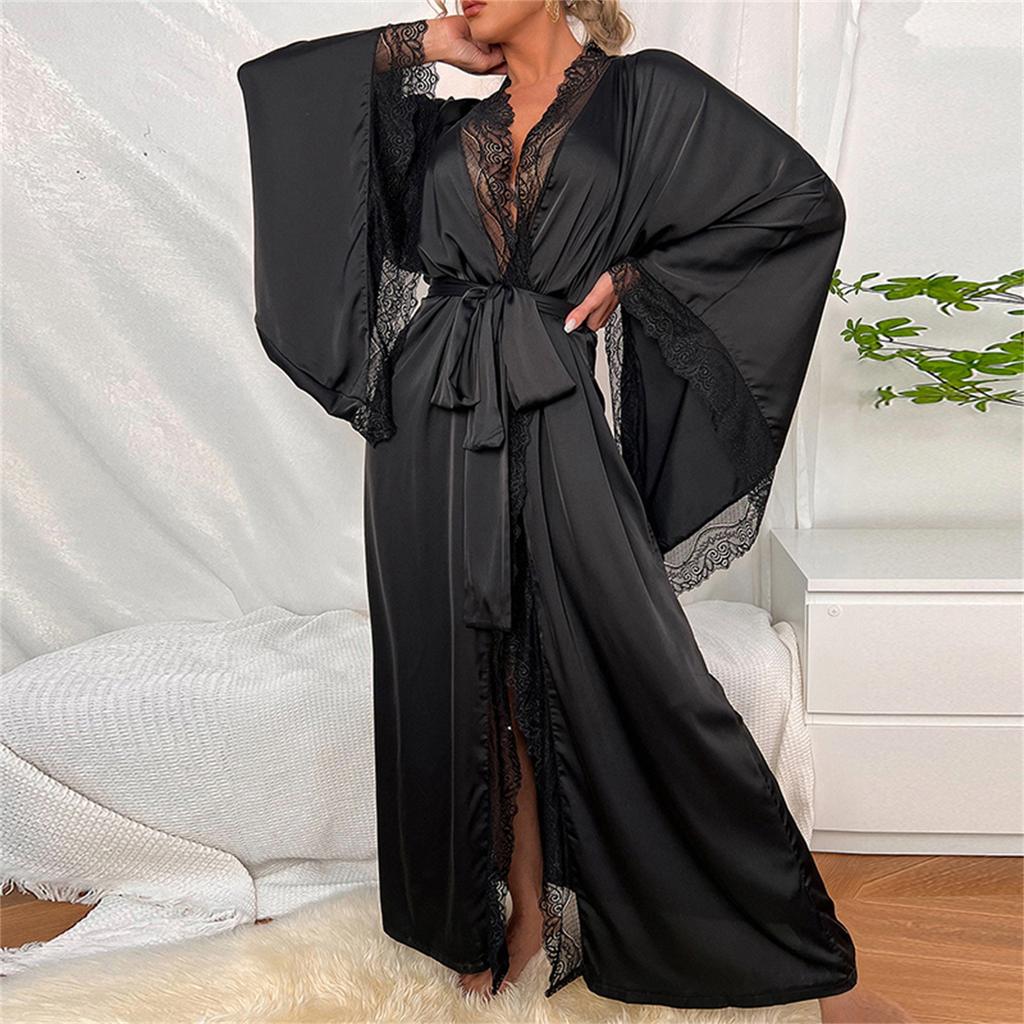 Женский модный легкий роскошный халат с длинным рукавом и кружевной отделкой, однотонный, прохладный, повседневный