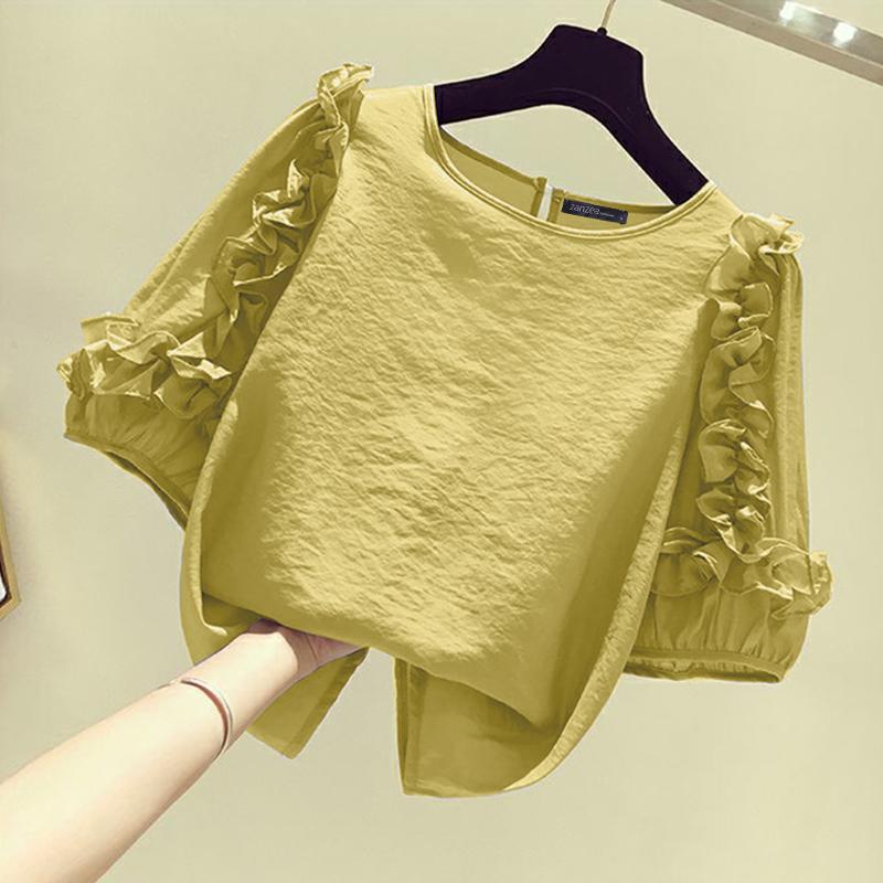 ZANZEA Женская повседневная блузка с круглым вырезом и рукавом 3/4 с оборками